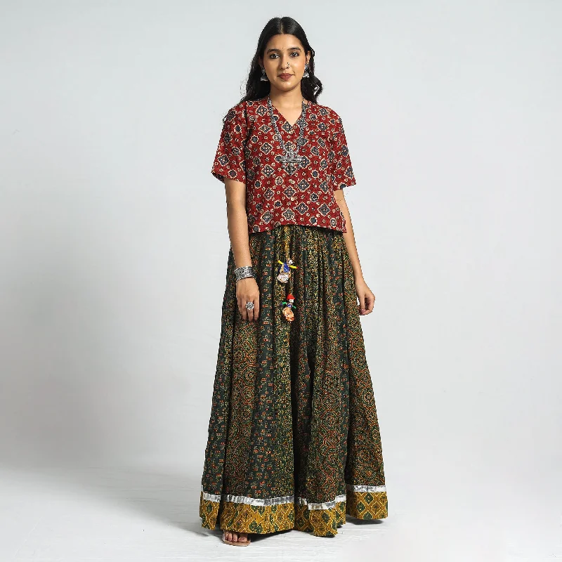 Women's Charming Outfit For Events Green - Ajrakh Block Printed 24 Kali Patchwork Cotton Long Skirt