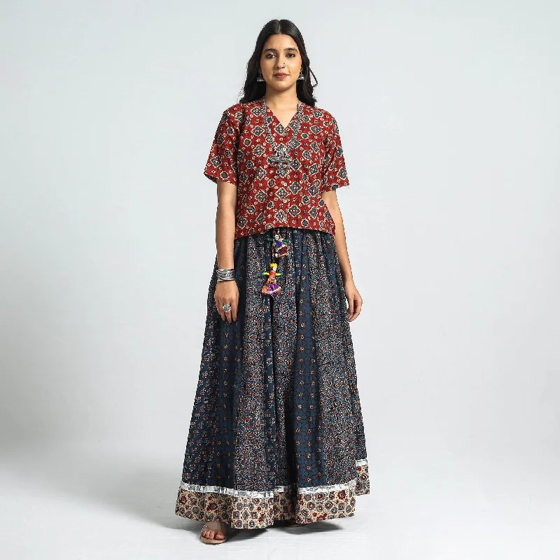 Women's Chic Outerwear Outfit Blue - Ajrakh Block Printed 24 Kali Patchwork Cotton Long Skirt