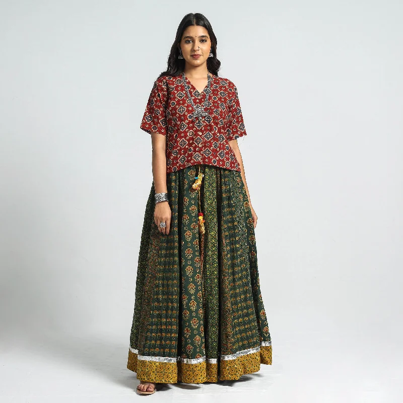 Women's Work Outfit For The Office Green - Ajrakh Block Printed 24 Kali Patchwork Cotton Long Skirt