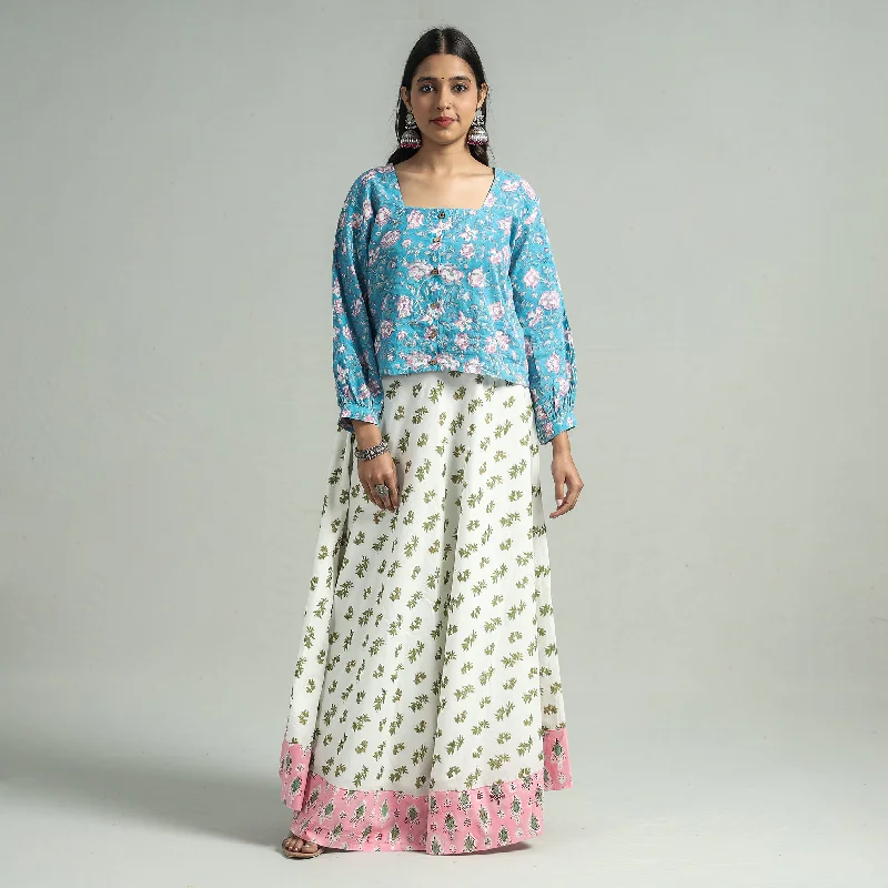 Women's Professional Apparel White - Sanganeri Block Printed Cotton Long Skirt