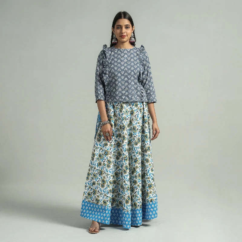 Women's Wedding Apparel Blue - Sanganeri Block Printed Cotton Long Skirt