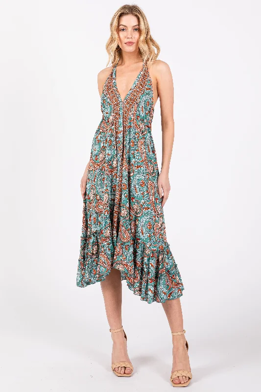 Online Clothing Stores Aqua Floral Paisley Cut-Out Back Halter Dress