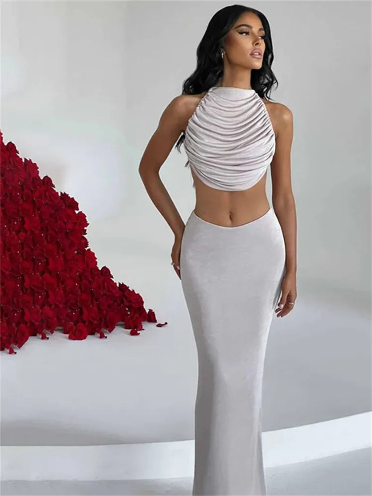 Women's Everyday Garments Women Crop Top + Maxi Bodycon Skirt Matching Sets