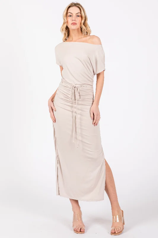 Online Boutiques Beige Boat Neck Side Ruched Waist Tie Midi Dress