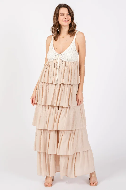 Extreme Clearance Deals Beige Colorblock Crochet Tiered Maxi Dress