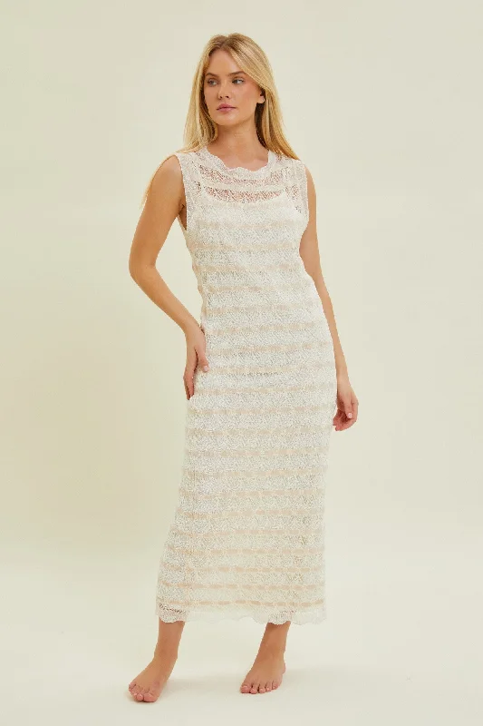 Modern Casual Clothing Beige Crochet Knit Sleeveless Midi Dress