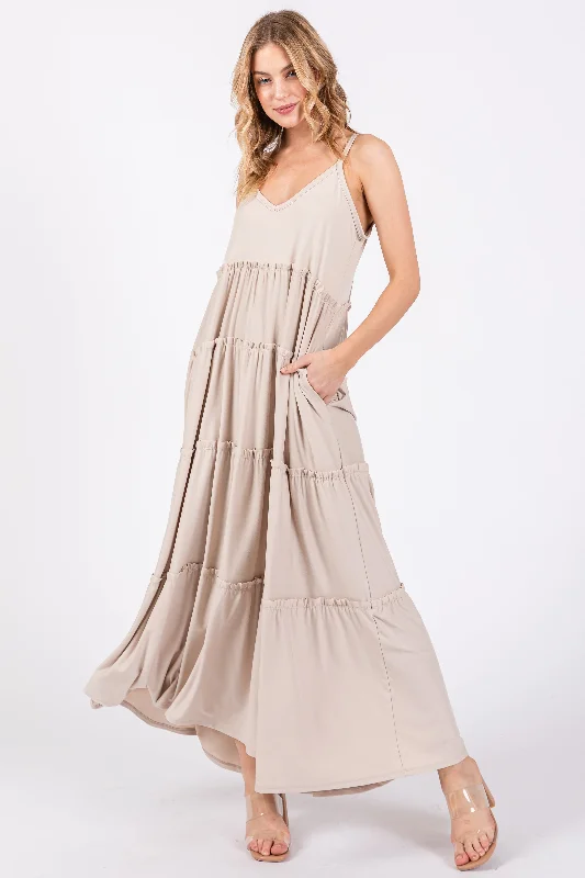 Women's Activewear Attire Beige Tiered Sleeveless Maxi Dress