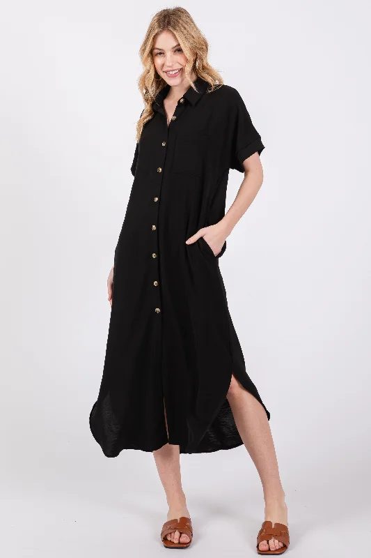 Women's Trendy Outfit Black Button Down Front Pocket Midi Dress