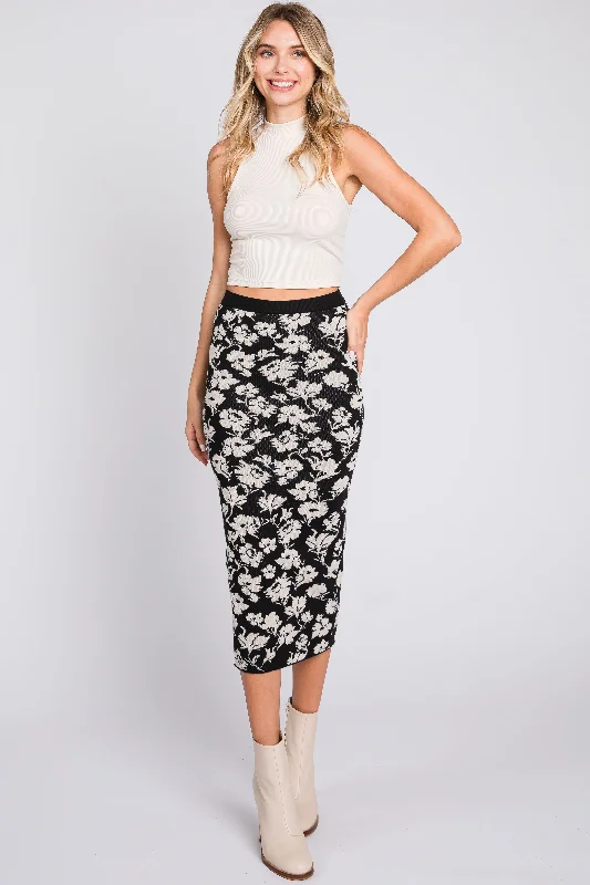 Women's Fashion Clothing Black Floral Knit Midi Skirt