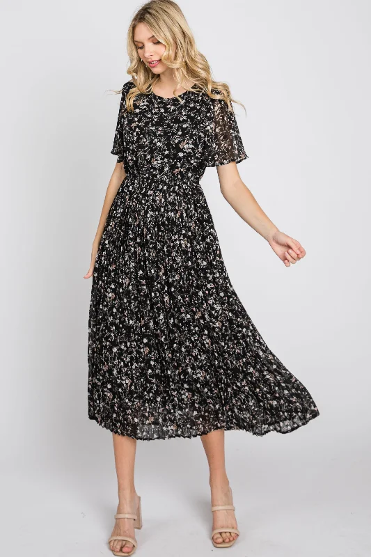 Women's Holiday Attire Black Floral Pleated Short Sleeve Chiffon Midi Dress