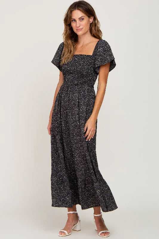 Stylish Dresses for Women Black Floral Smocked Maxi Dress