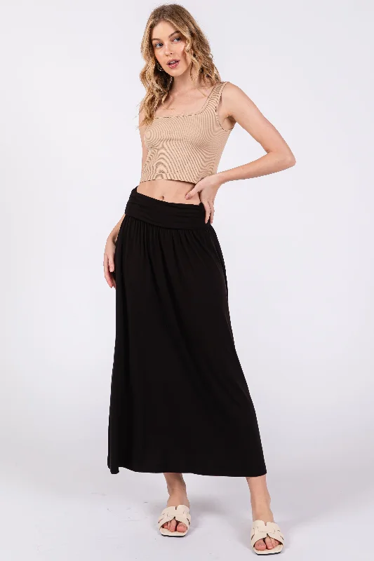 Trendy Street Style Clothing Black Fold-Over Maxi Skirt