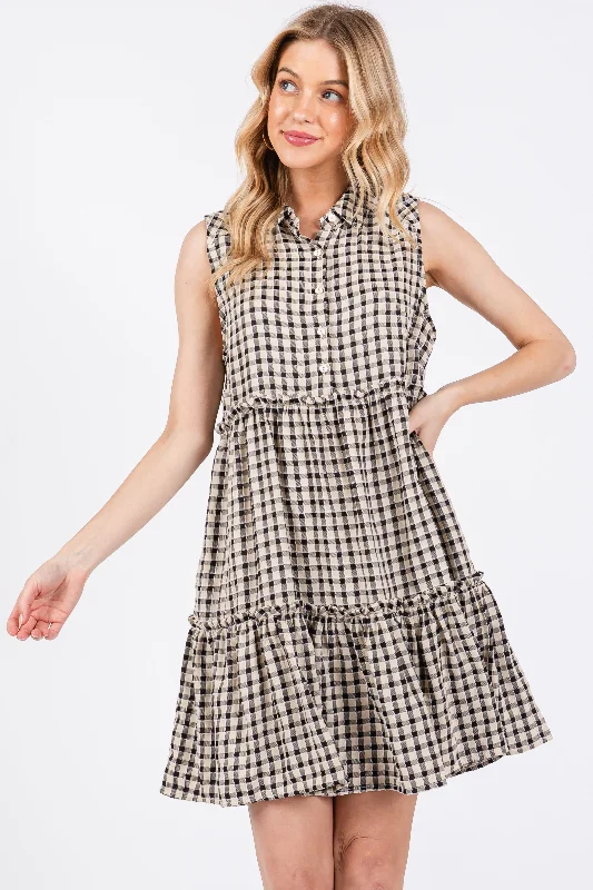 Free Spirited Fashion Black Gingham Button Front Collared Dress