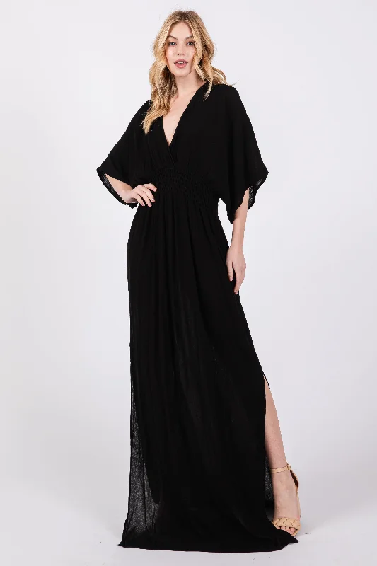 Stylish Women's Outfit Black Lightweight Deep V-Neck Maxi Dress