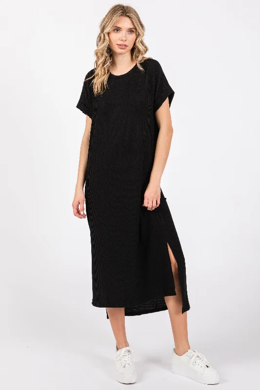 Workwear Fashion for Women Black Ribbed Short Sleeve Midi Dress