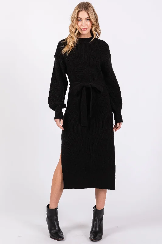 New Arrival Discount Black Side Slit Sweater Midi Dress