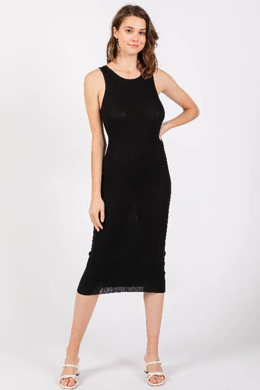 Comfortable Loungewear for Women Black Sleeveless Ribbed Midi Dress