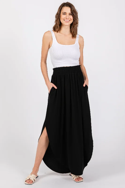 Free Spirited Fashion Black Smocked Rounded Hem Maxi Skirt