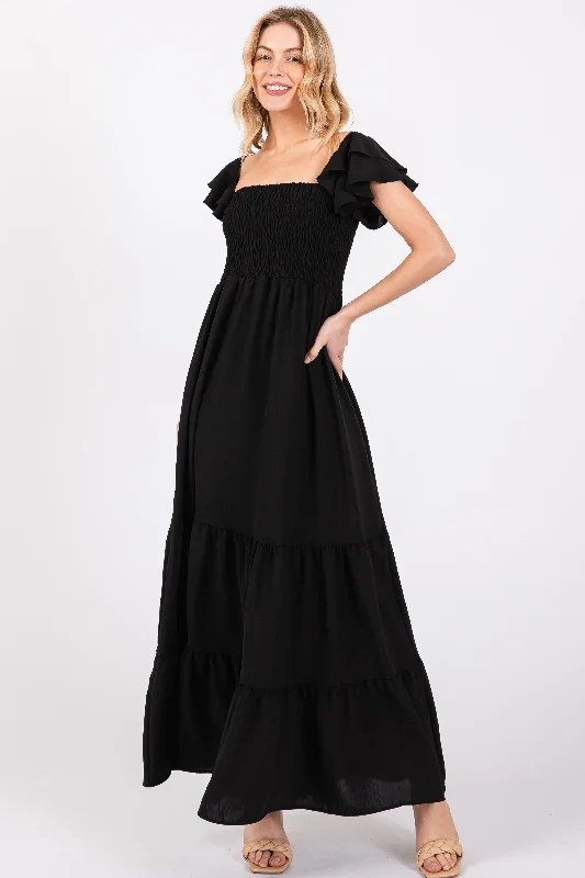 Boutique Dress Online Black Smocked Ruffle Off Shoulder Tiered Maxi Dress