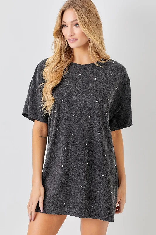 Women's Casual and Dressy Outfits Black T-Shirt Dress With Rhinestone Detail