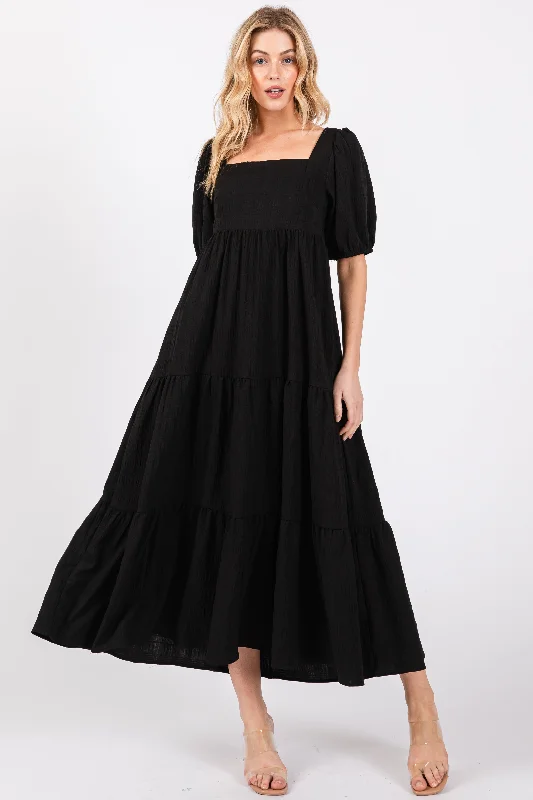 Best Online Boutiques Black Textured Tiered Midi Dress