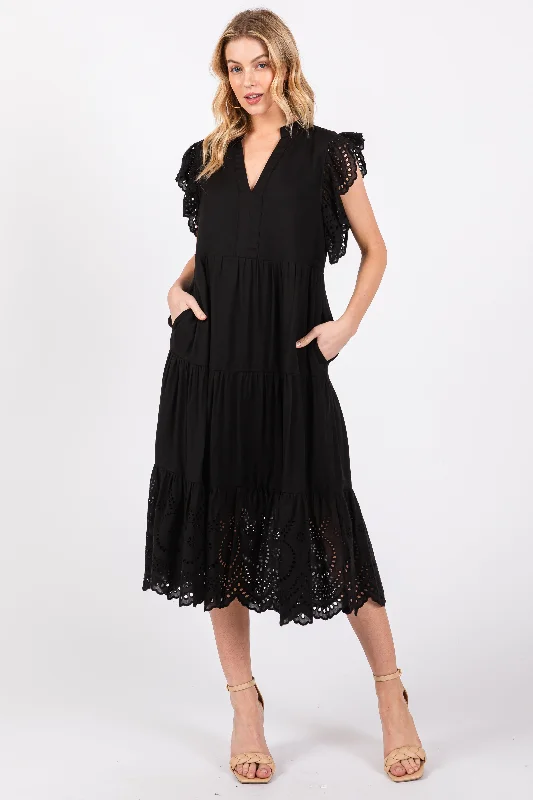 Outfits For Girls Black V-Neck Eyelet Detail Ruffle Shoulder Tiered Midi Dress