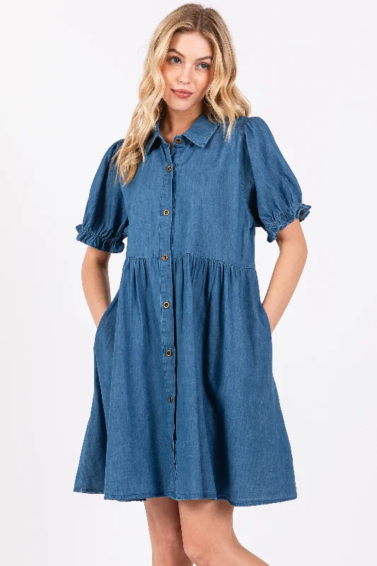 Clothing Woman Blue Chambray Puff Sleeve Button Down Dress