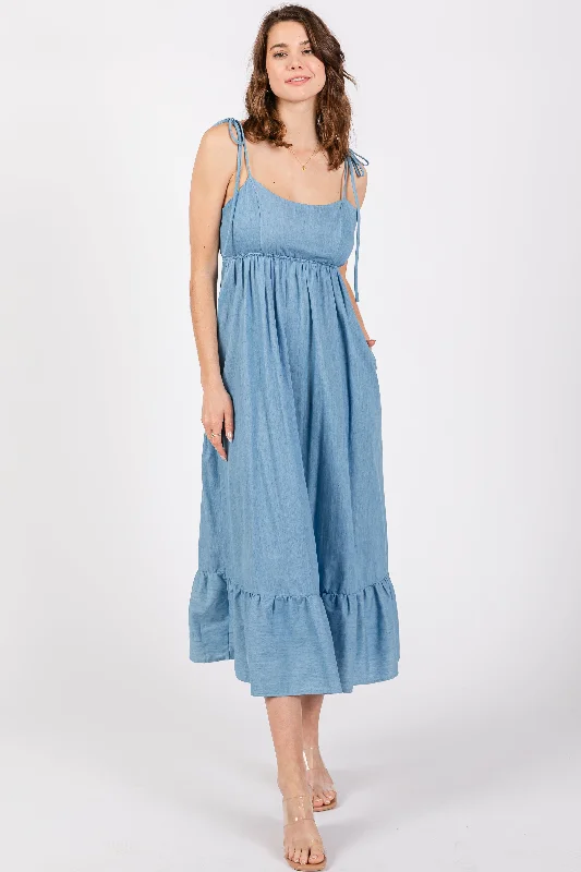 Casual Fashion Blue Chambray Sleeveless Ruffle Hem Midi Dress