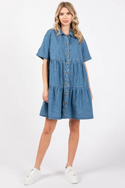 Bold and Elegant Women's Fashion Blue Denim Button Down Tiered Dress