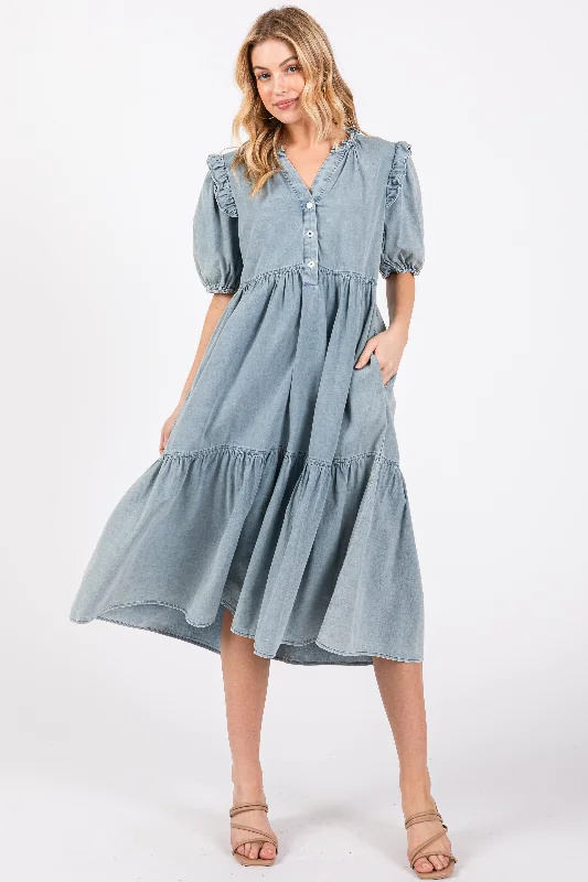 Women Wear Boutique Blue Denim Button Front Short Sleeve Tiered Midi Dress