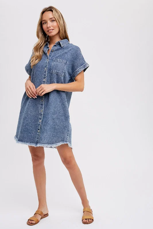 Women's Classic Outfit Blue Denim Button Up Dress