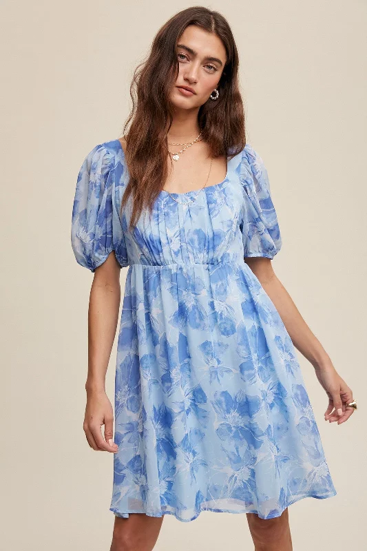 Colorful Clothing Blue Floral Puff Sleeve Mini Dress