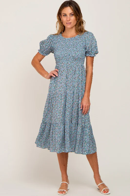 Comfortable Casual Wear Blue Floral Smocked Midi Dress