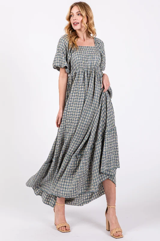 Unique Women's Fashion Pieces Blue Plaid Puff Sleeve Maxi Dress