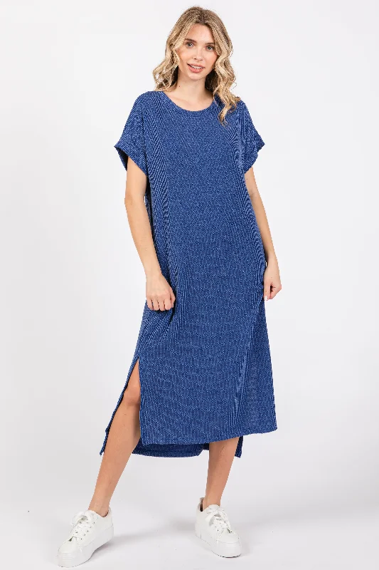 Casual and Comfortable Outfits Blue Ribbed Short Sleeve Midi Dress