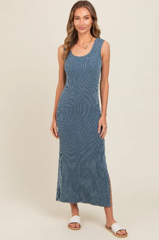 Clothing Sale Blue Ribbed Side Slit Maxi Dress