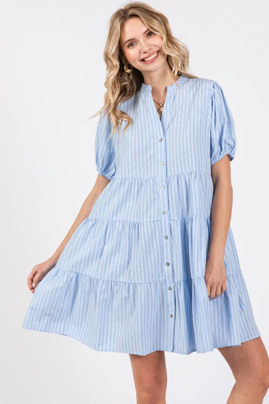 Women's Stylish Outdoor Outfit Blue Striped Button Down Tiered Dress