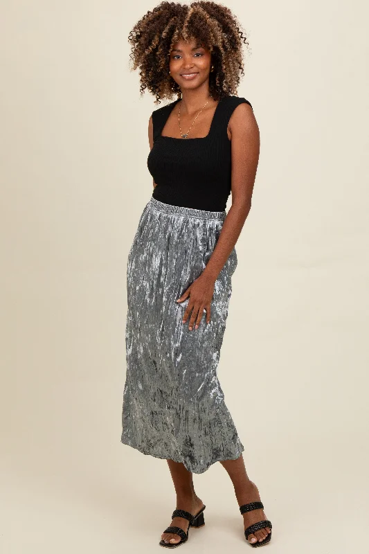 Chic Women's Clothing Online Blue Velvet Crinkled Midi Skirt