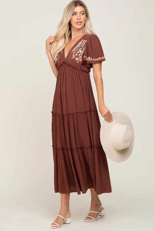 Casual Chic for Women Brown Embroidered Tiered Maxi Dress