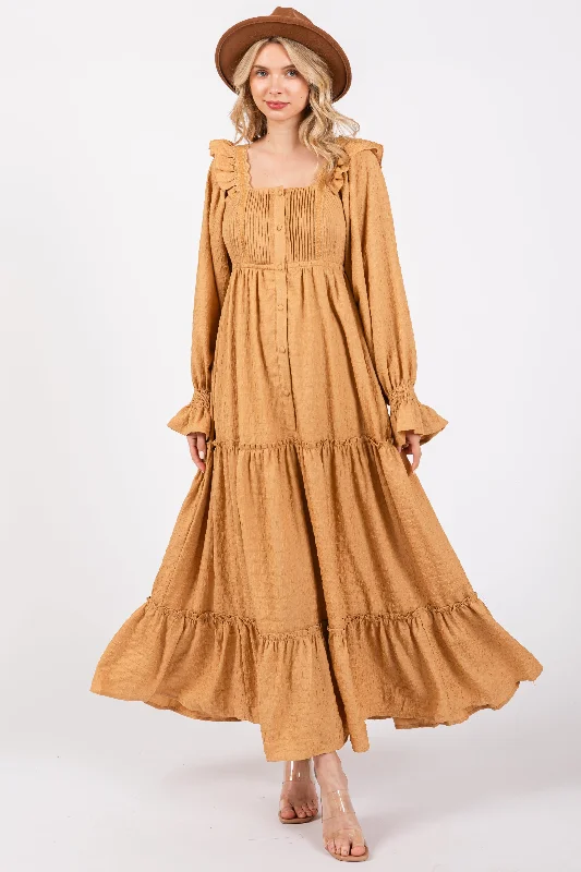 Seasonal Trends Camel Button Pleated Front Square Neck Ruffle Tiered Maxi Dress