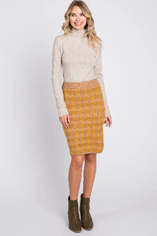 Exclusive Discount Camel Plaid Fuzzy Knit Fitted Skirt