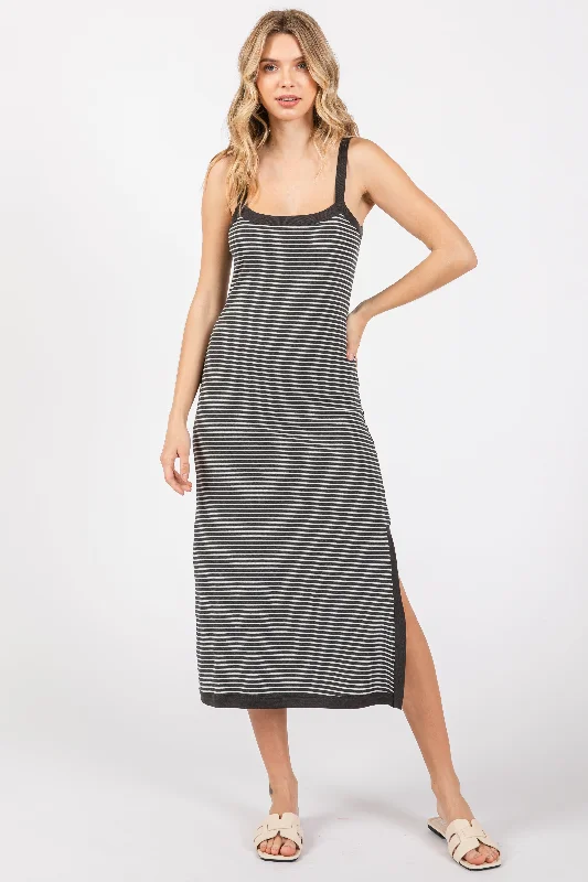 Women's Clothing for All Occasions Charcoal Striped Sleeveless Fitted Side Slit Dress