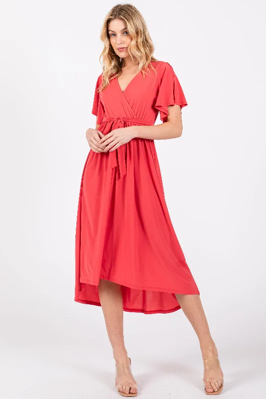 Clothes Of Woman Coral Flutter Sleeve Waist Tie Nursing Dress