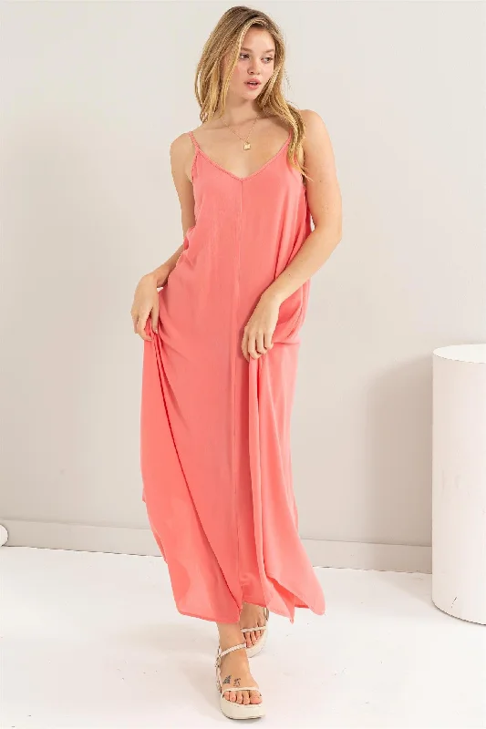 Women's Stylish Professional Apparel Coral Lightweight Sleeveless V-Neck Maxi Dress