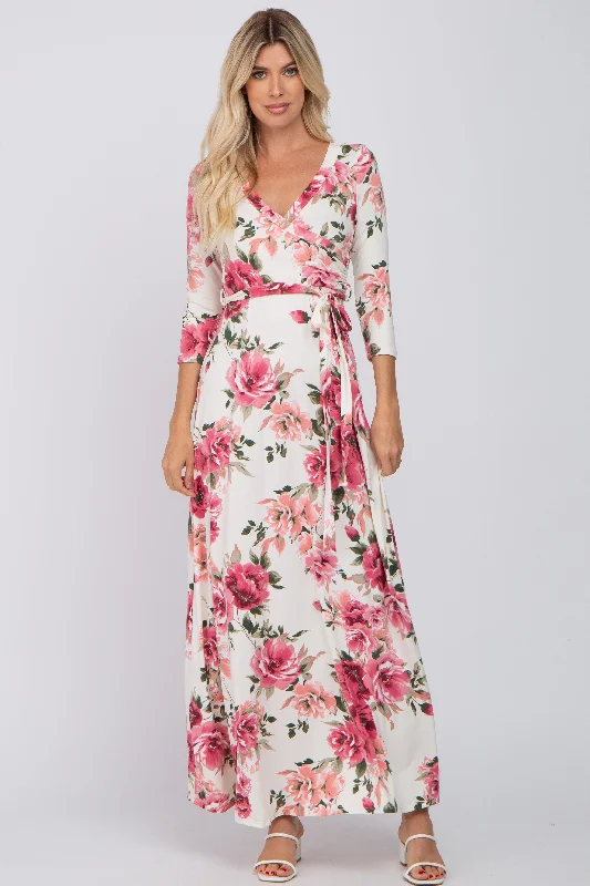 Stylish Women's Outfit Cream Floral Wrap Maxi Dress