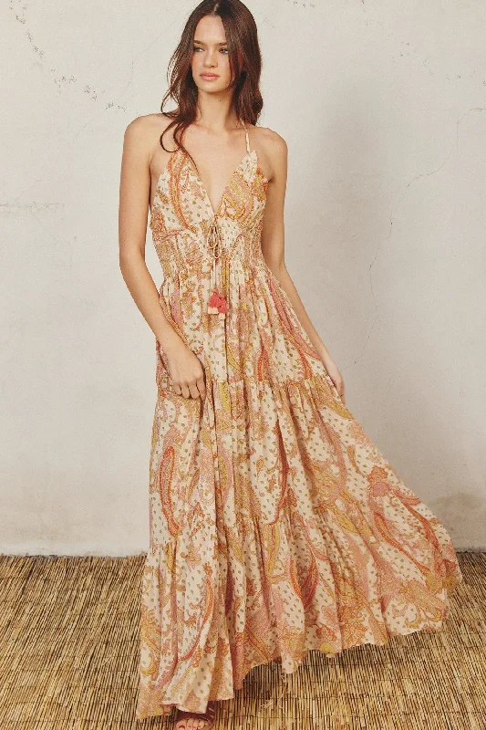 Women's Clothing Cream Paisley Print Halter Maxi Dress