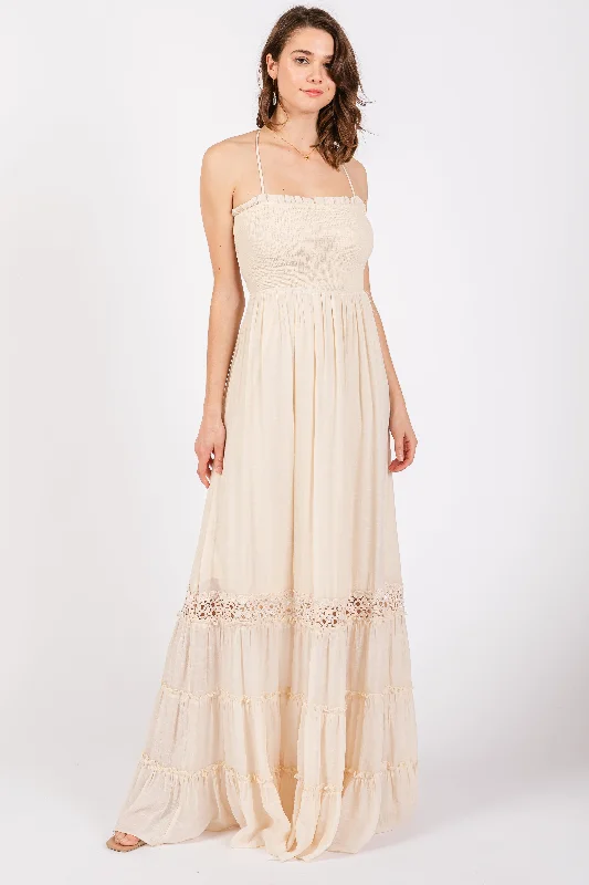 Affordable Women's Clothing Online Cream Smocked Open Back Maxi Dress