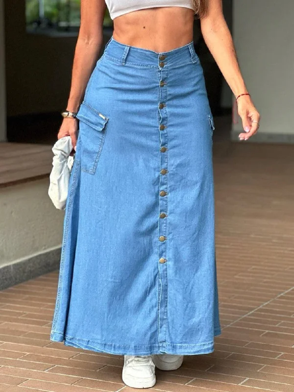 Chic Women's Attire Denim Buckle Split Hem High Rise Skirts