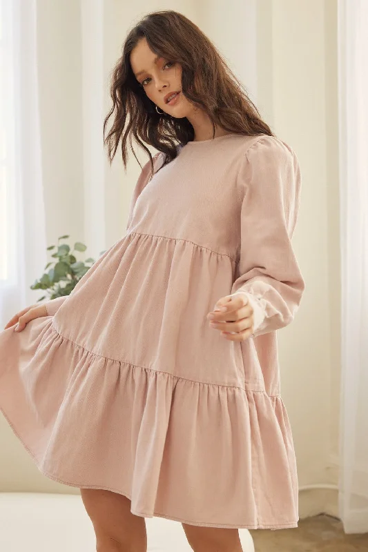 Timeless Elegance Dusty Pink Cotton Twill Baby Doll Ruffle Back Tie Dress