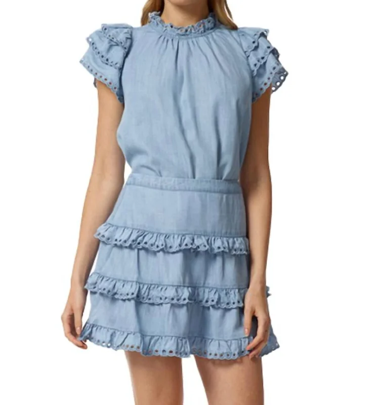 Stylish Women's Outerwear Apparel Eyelet Trimmed Tiered Mini Skirt In Denim